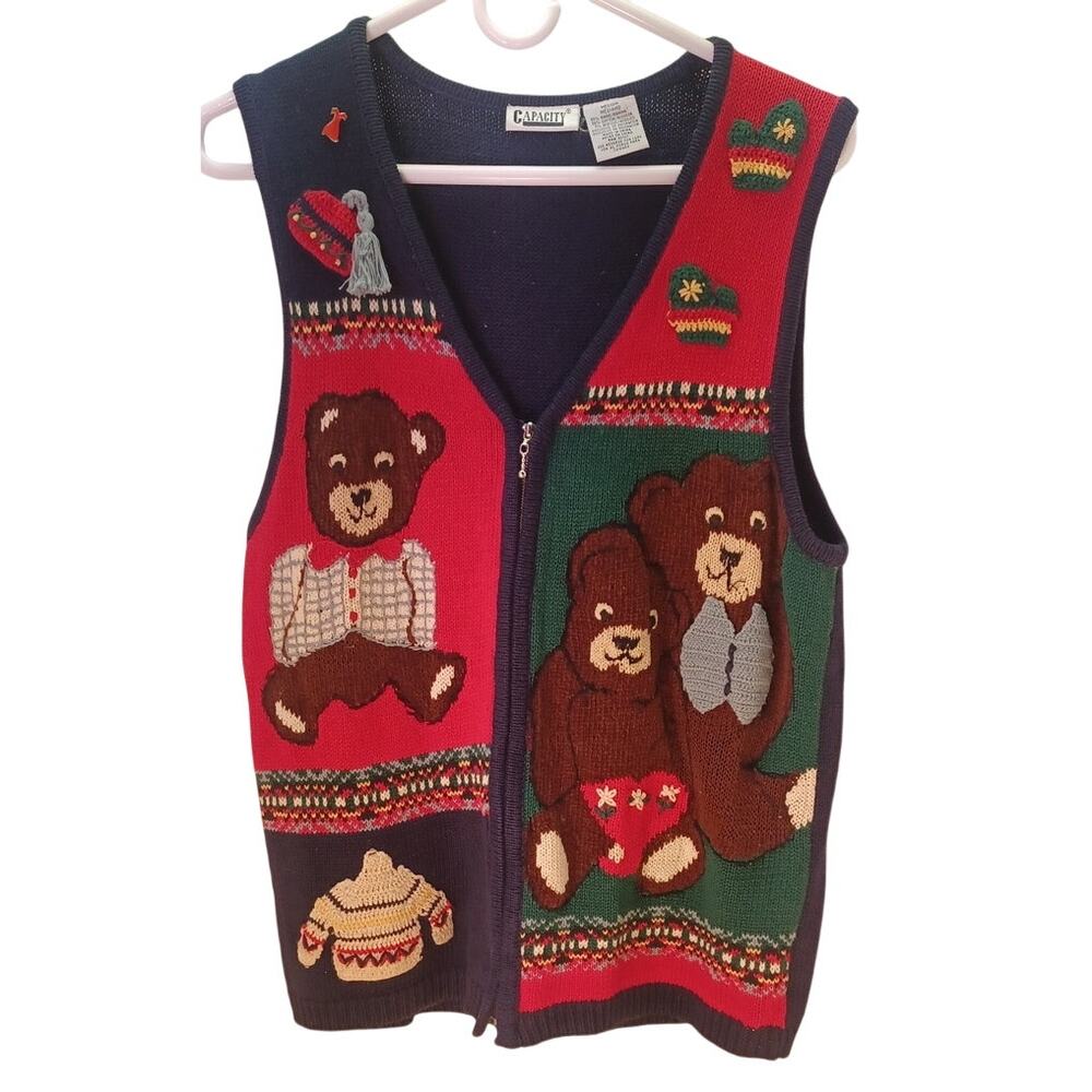 VTG Capacity Teddy Bear Christmas Sweater Vest Women's Size Medium Grannycore - Picture 1 of 6